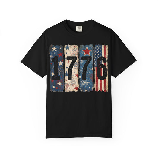 Black patriotic 1776 t-shirt featuring vintage American flag graphics, fireworks, and distressed USA-inspired design for 4th of July celebrations and USA 250 anniversary apparel
