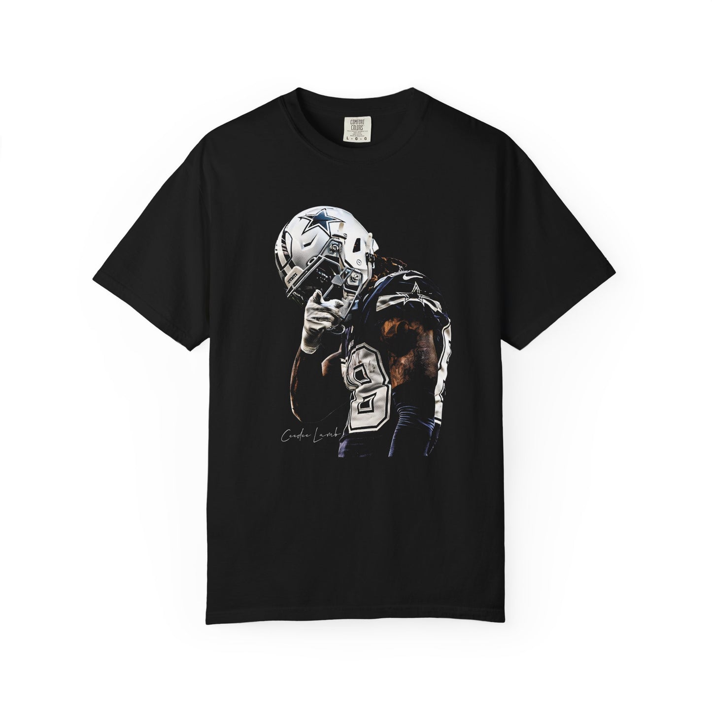 Black t-shirt with a graphic of a football player and number 8 on a white background