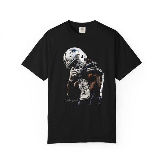 Black t-shirt with a graphic of a football player and number 8 on a white background