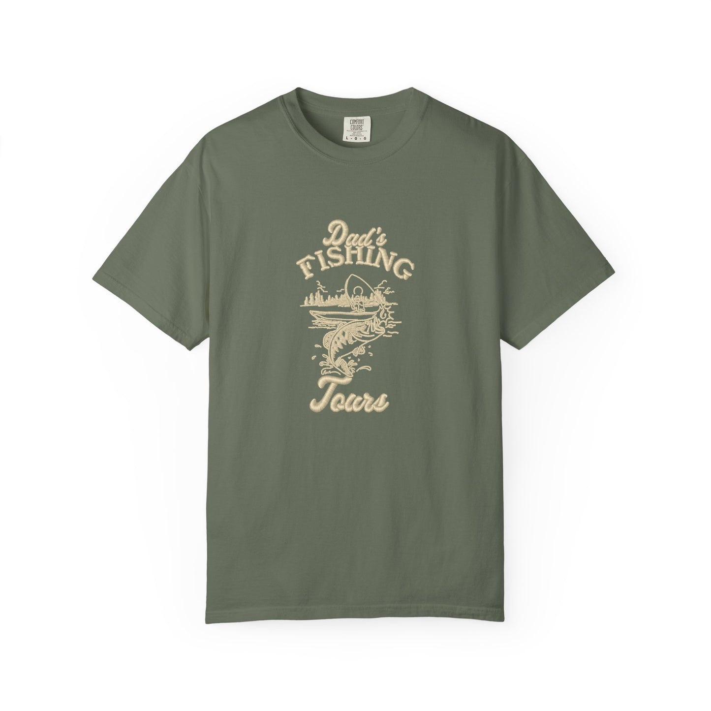 Dad's Gone Fishing graphic t-shirt in sage green featuring a vintage fishing scene with bass fish, boat, and outdoor design, perfect for fishing dads, Father's Day gifts, and lake life enthusiasts.