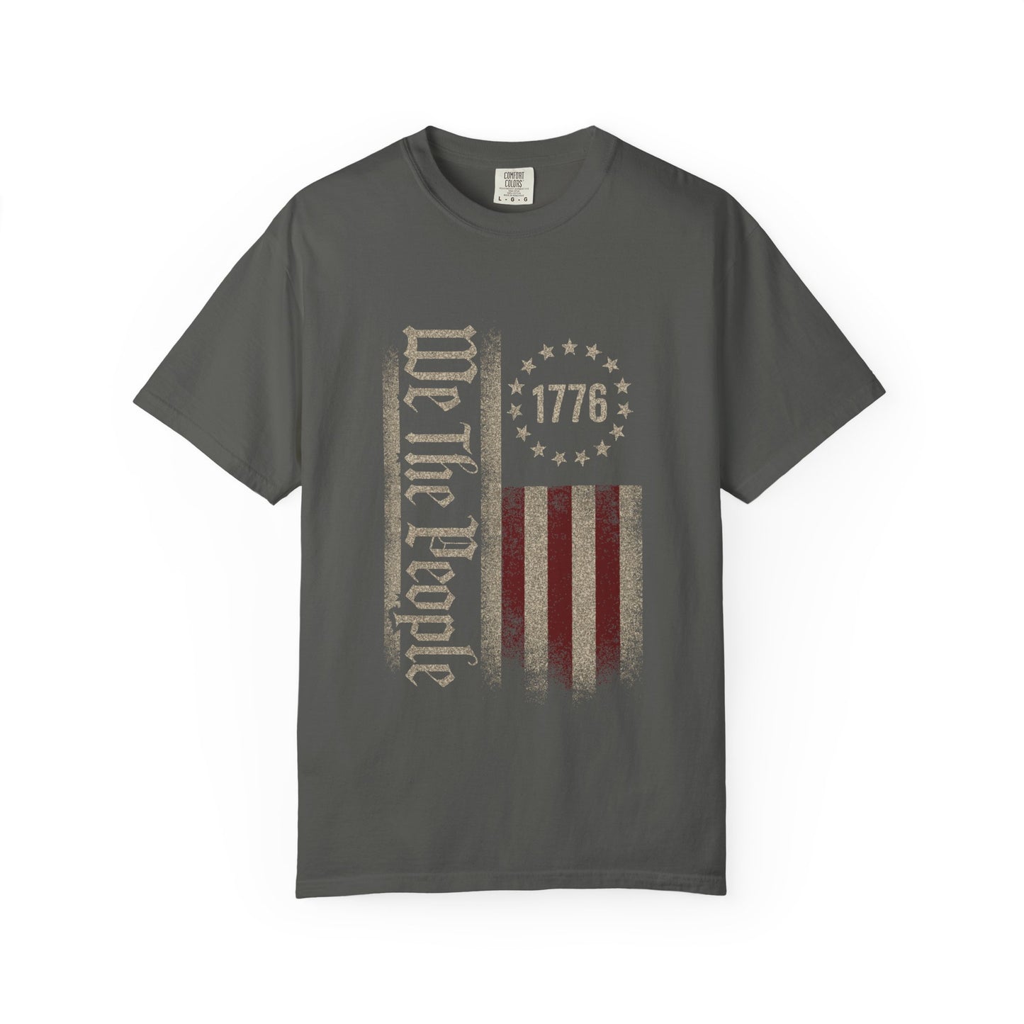 Peeper We The People 1776 patriotic t-shirt featuring a distressed Betsy Ross American flag design on a black tee, vintage USA apparel for Independence Day, constitutional pride, and patriotic celebrations.