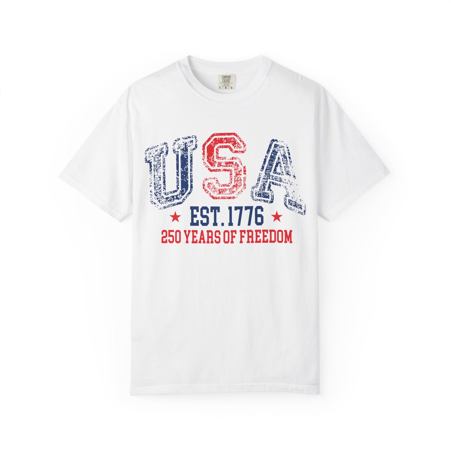 White patriotic USA Shirt featuring vintage American flag graphics, fireworks, and distressed USA-inspired design for 4th of July celebrations and USA 250 anniversary apparel