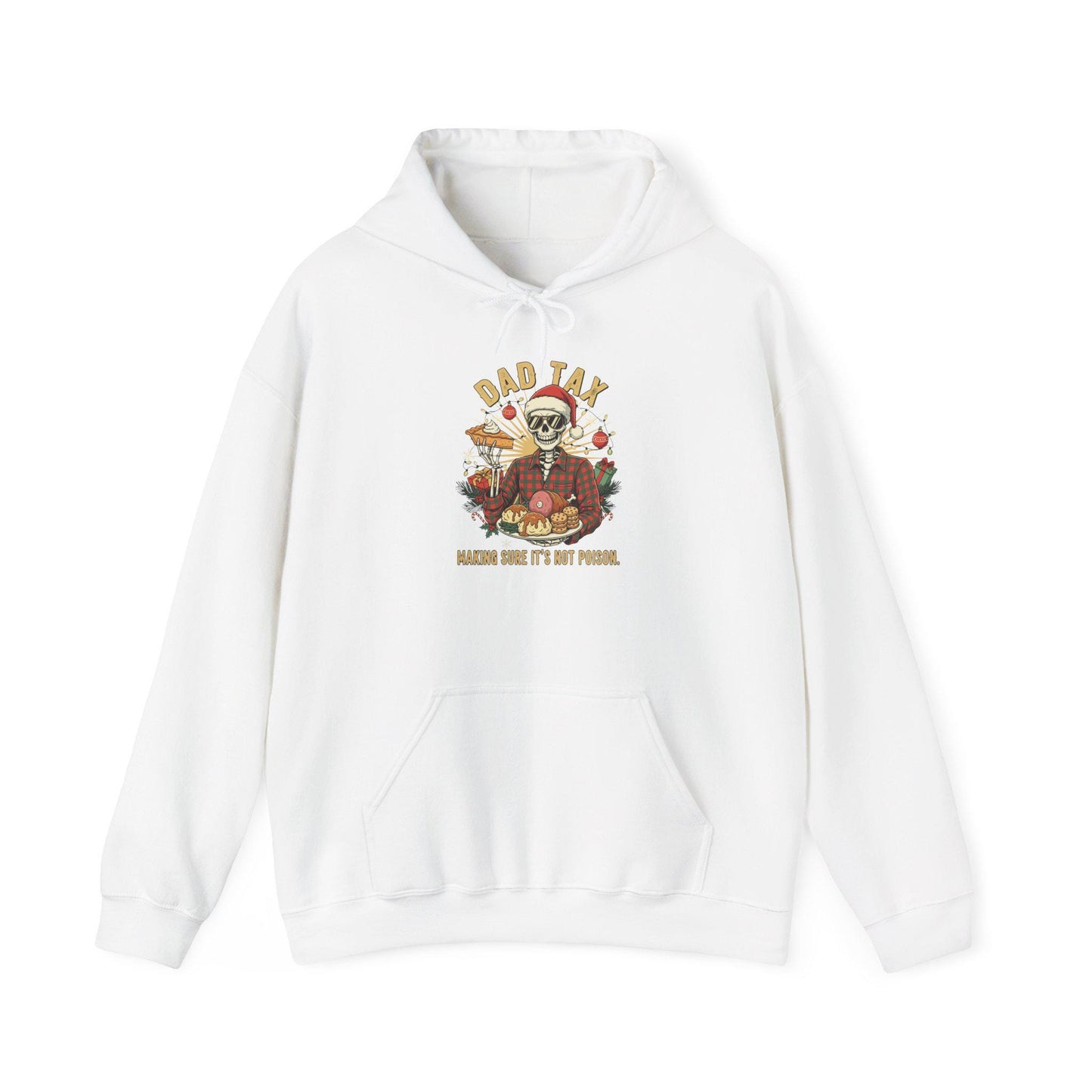 White hoodie with a graphic design of a skeleton wearing a Santa hat and hugging a pumpkin on a white background.