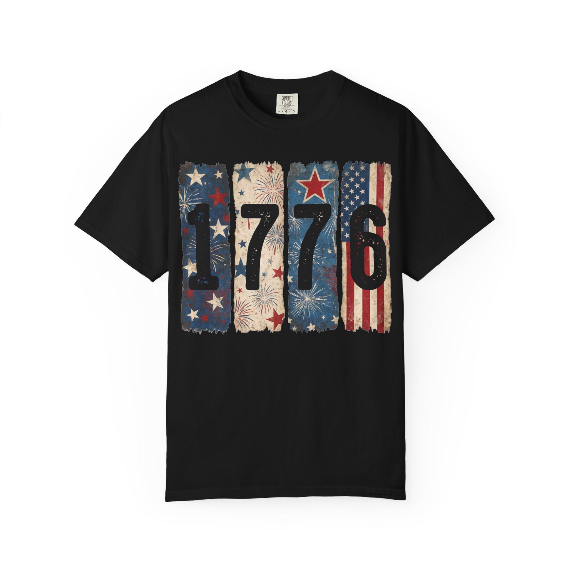 Black patriotic 1776 t-shirt featuring vintage American flag graphics, fireworks, and distressed USA-inspired design for 4th of July celebrations and USA 250 anniversary apparel