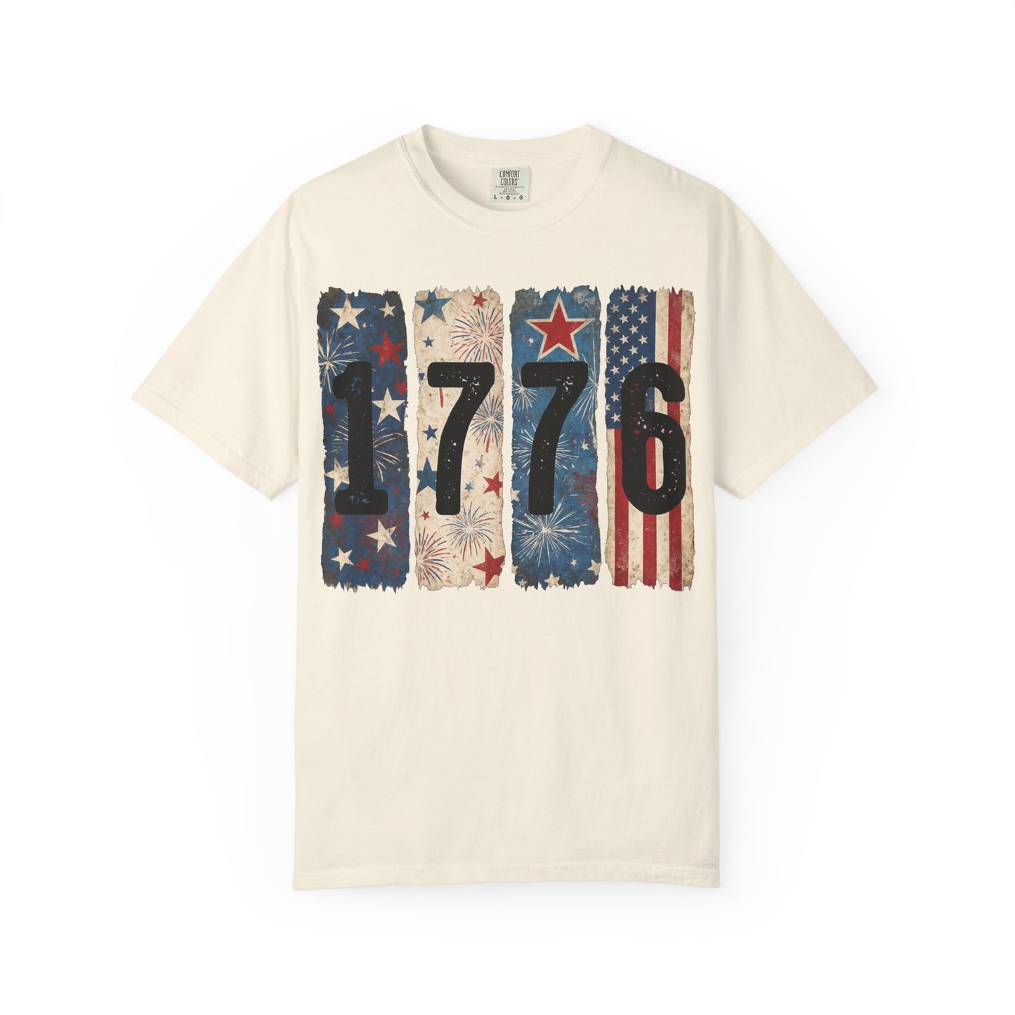Ivory patriotic 1776 t-shirt featuring vintage American flag graphics, fireworks, and distressed USA-inspired design for 4th of July celebrations and USA 250 anniversary apparel