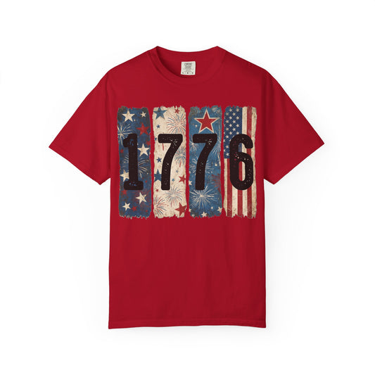 Red patriotic 1776 t-shirt featuring vintage American flag graphics, fireworks, and distressed USA-inspired design for 4th of July celebrations and USA 250 anniversary apparel