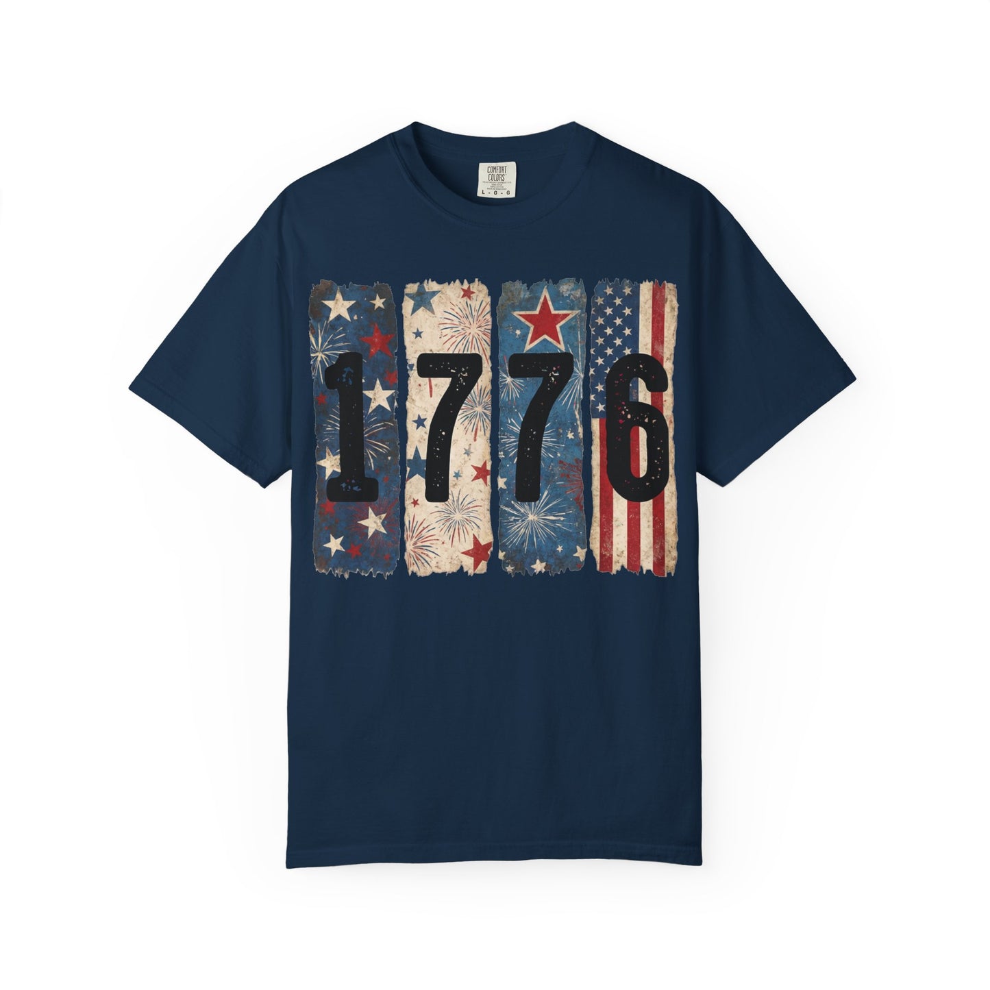 True Navy patriotic 1776 t-shirt featuring vintage American flag graphics, fireworks, and distressed USA-inspired design for 4th of July celebrations and USA 250 anniversary apparel