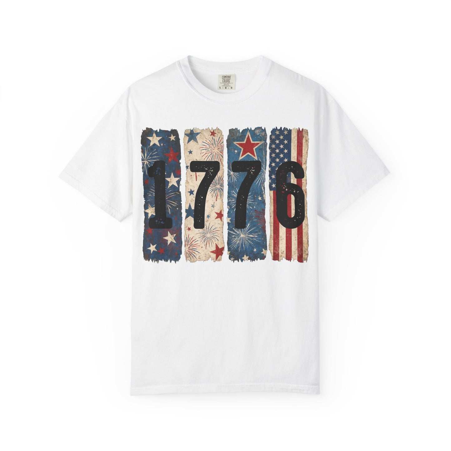 White patriotic 1776 t-shirt featuring vintage American flag graphics, fireworks, and distressed USA-inspired design for 4th of July celebrations and USA 250 anniversary apparel