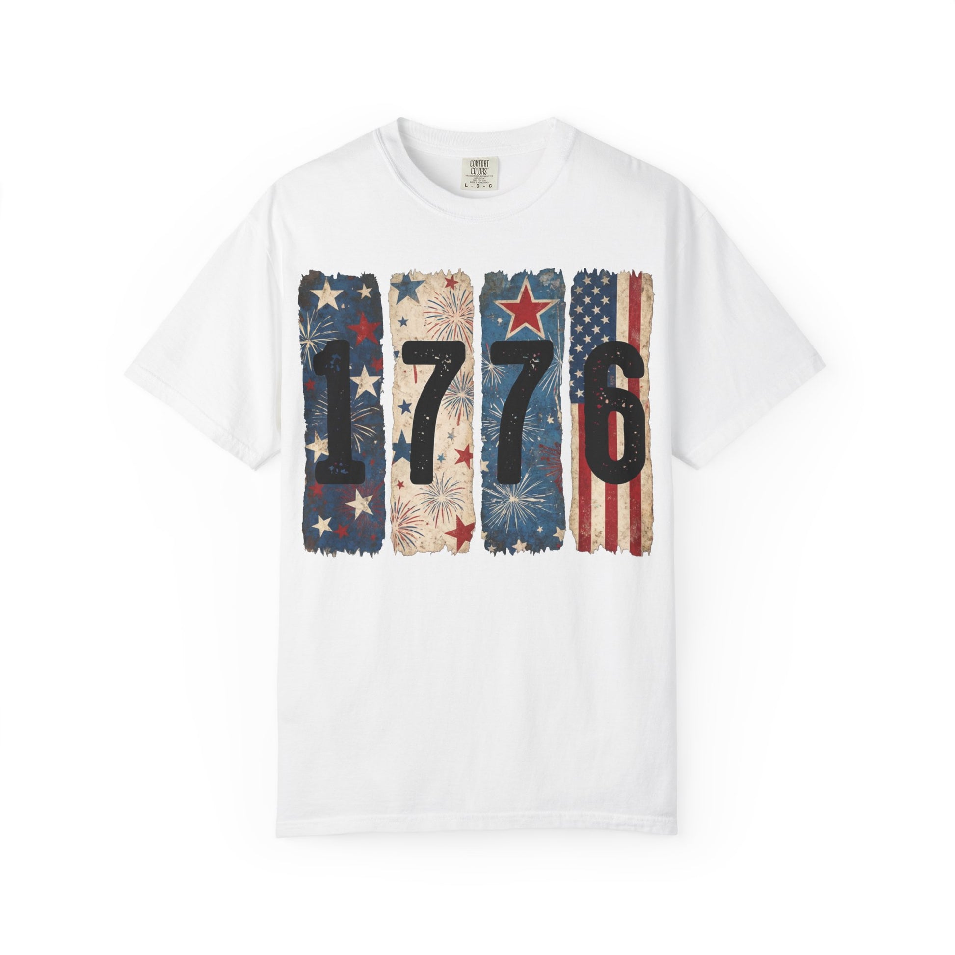 White patriotic 1776 t-shirt featuring vintage American flag graphics, fireworks, and distressed USA-inspired design for 4th of July celebrations and USA 250 anniversary apparel