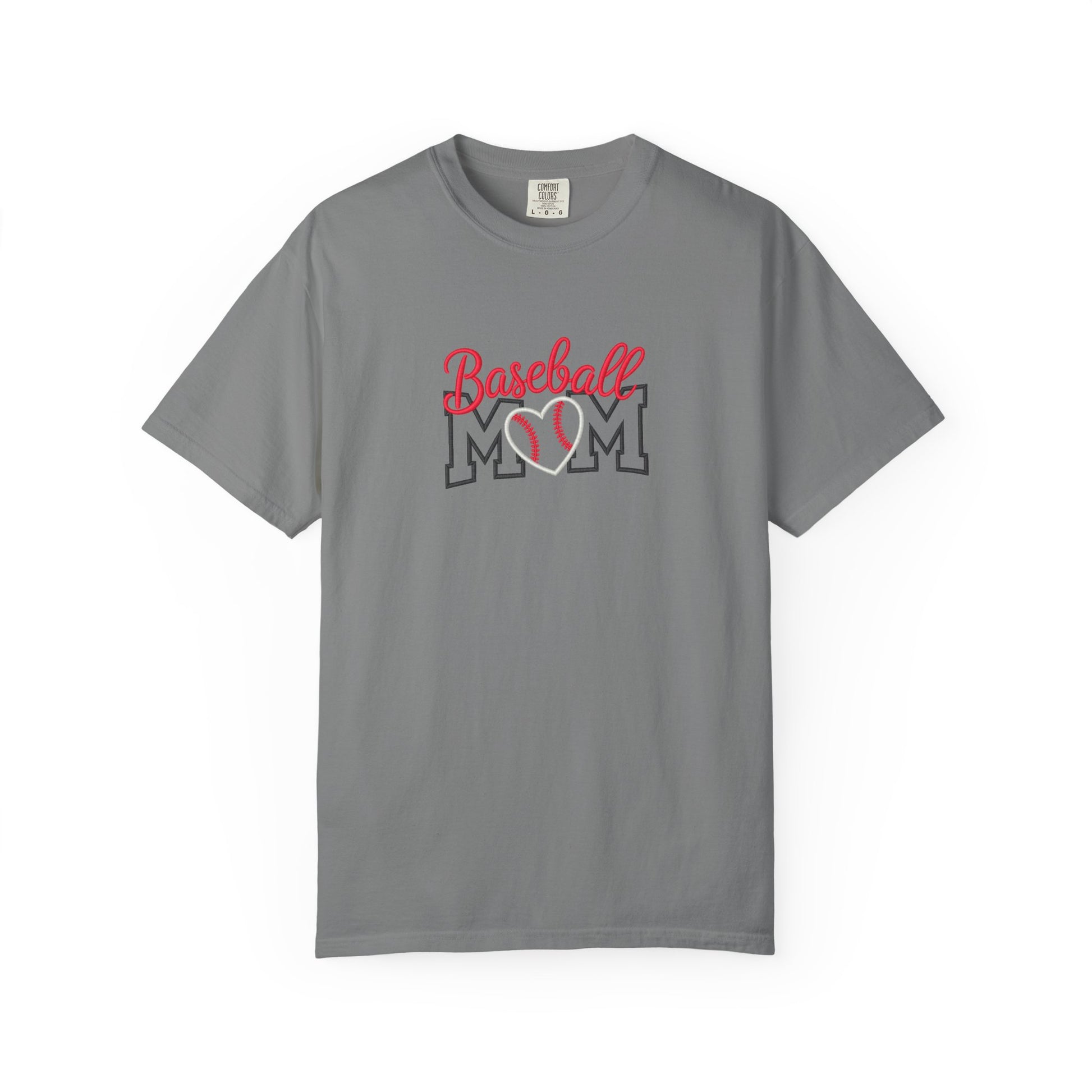 Baseball Mom graphic t-shirt in gray featuring red script lettering, baseball heart design, and sporty mom apparel style, perfect for game days, travel ball, and baseball mama gifts.