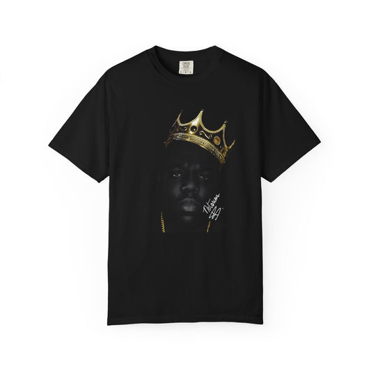 Black t-shirt with a graphic of a face wearing a gold crown on a white background