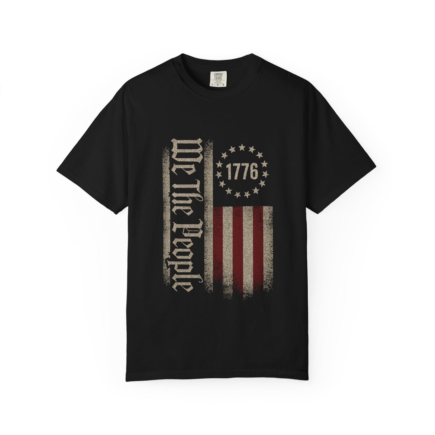 Black We The People 1776 patriotic t-shirt featuring a distressed Betsy Ross American flag design on a black tee, vintage USA apparel for Independence Day, constitutional pride, and patriotic celebrations.