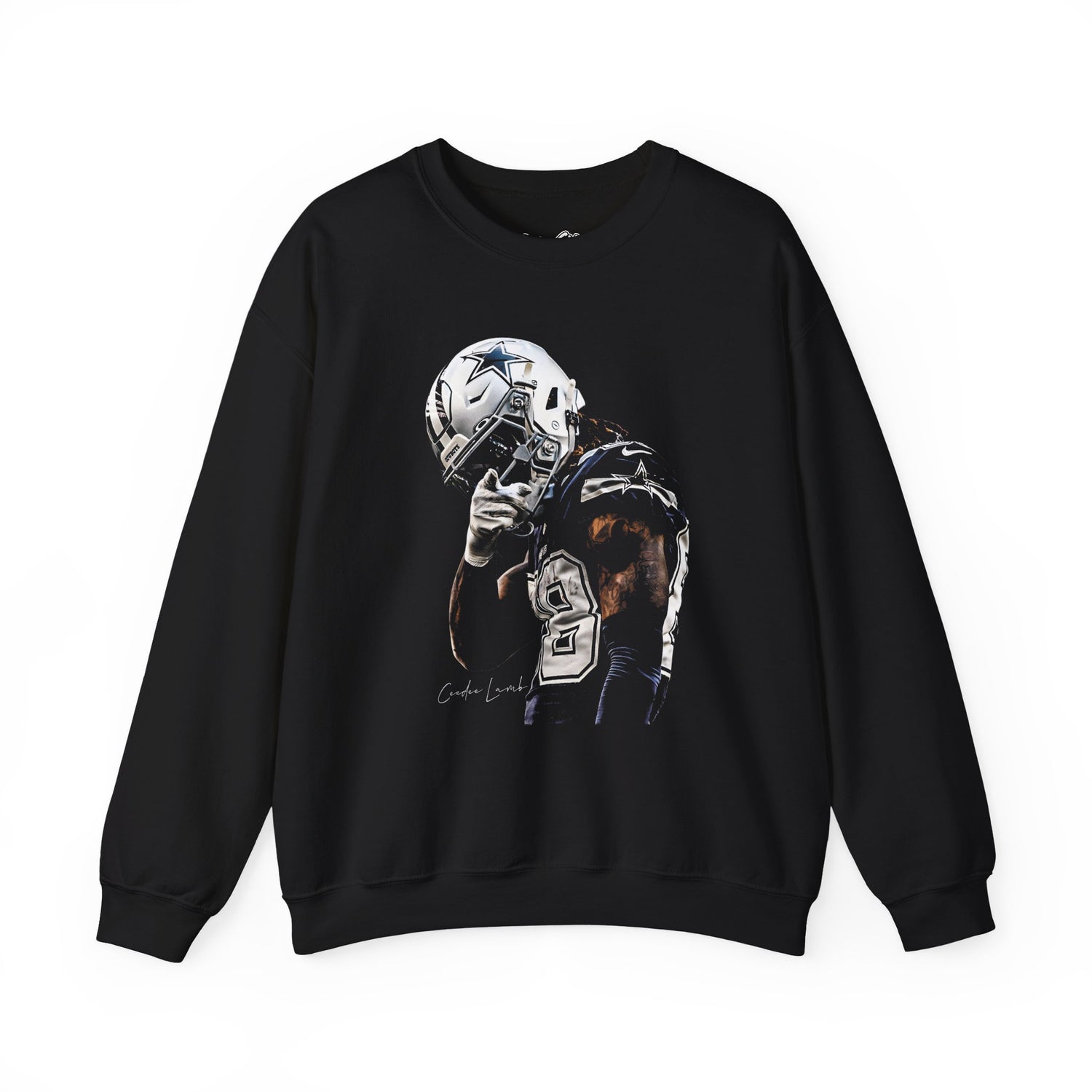 Black sweatshirt with a graphic of a football player and helmet on a white background