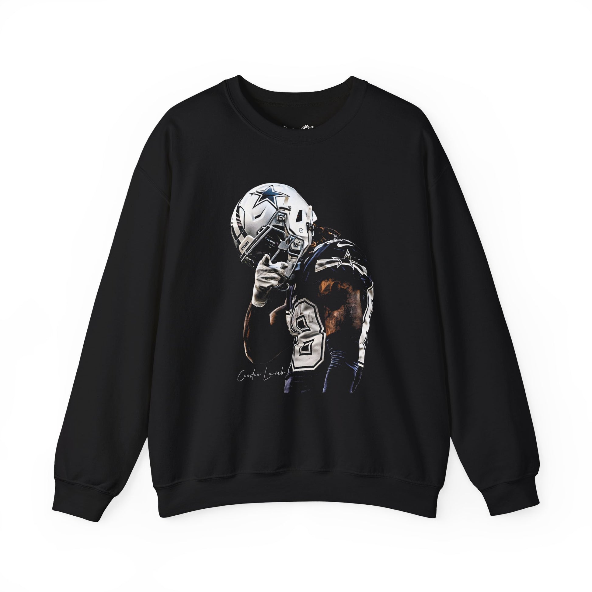 Black sweatshirt with a graphic of a football player and helmet on a white background