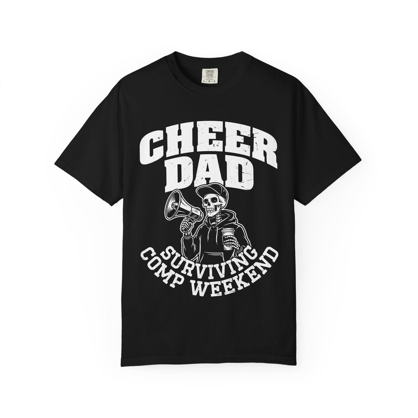 Cheer Dad Surviving Camp Weekend Shirt featuring skeleton holding a megaphone and coffee, funny cheer dad graphic tee, cheer competition dad gift, Comfort Colors pepper t-shirt