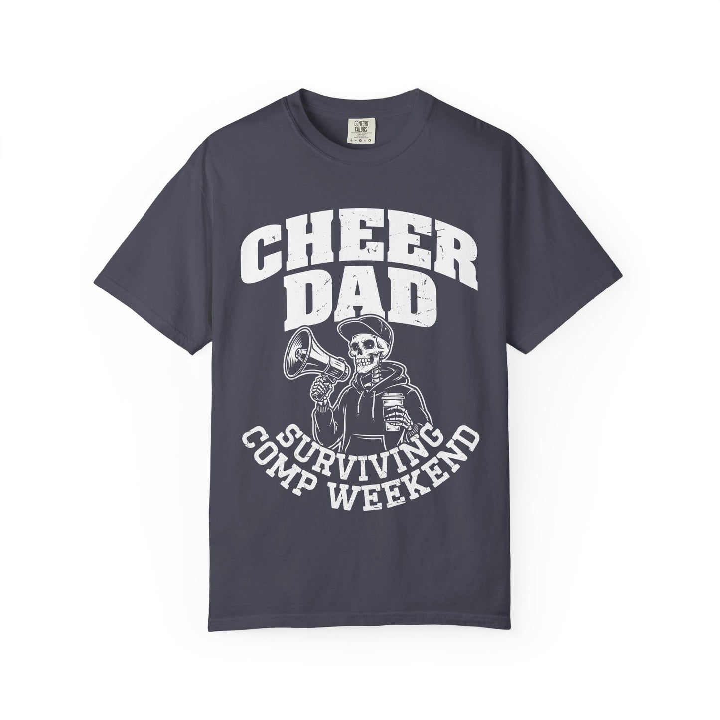 Cheer Dad Surviving Camp Weekend Shirt featuring skeleton holding a megaphone and coffee, funny cheer dad graphic tee, cheer competition dad gift, Comfort Colors pepper t-shirt
