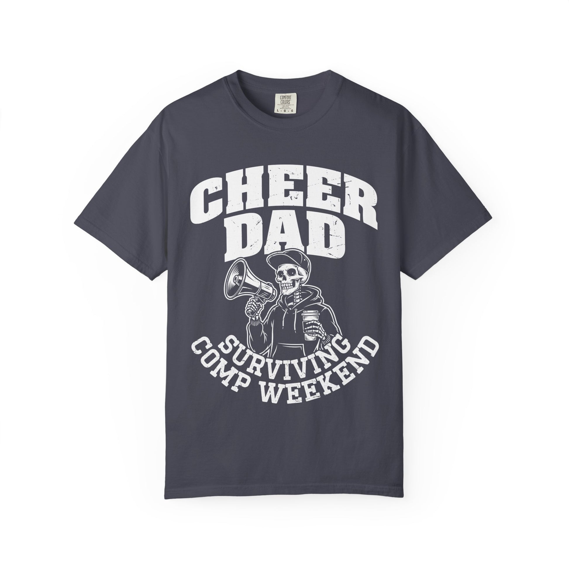 Cheer Dad Surviving Camp Weekend Shirt featuring skeleton holding a megaphone and coffee, funny cheer dad graphic tee, cheer competition dad gift, Comfort Colors pepper t-shirt
