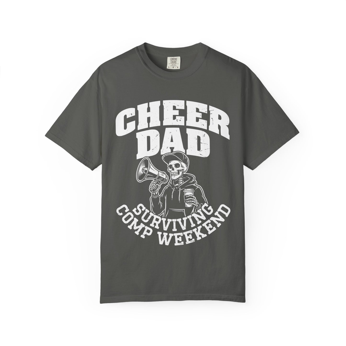 Cheer Dad Surviving Camp Weekend Shirt featuring skeleton holding a megaphone and coffee, funny cheer dad graphic tee, cheer competition dad gift, Comfort Colors pepper t-shirt