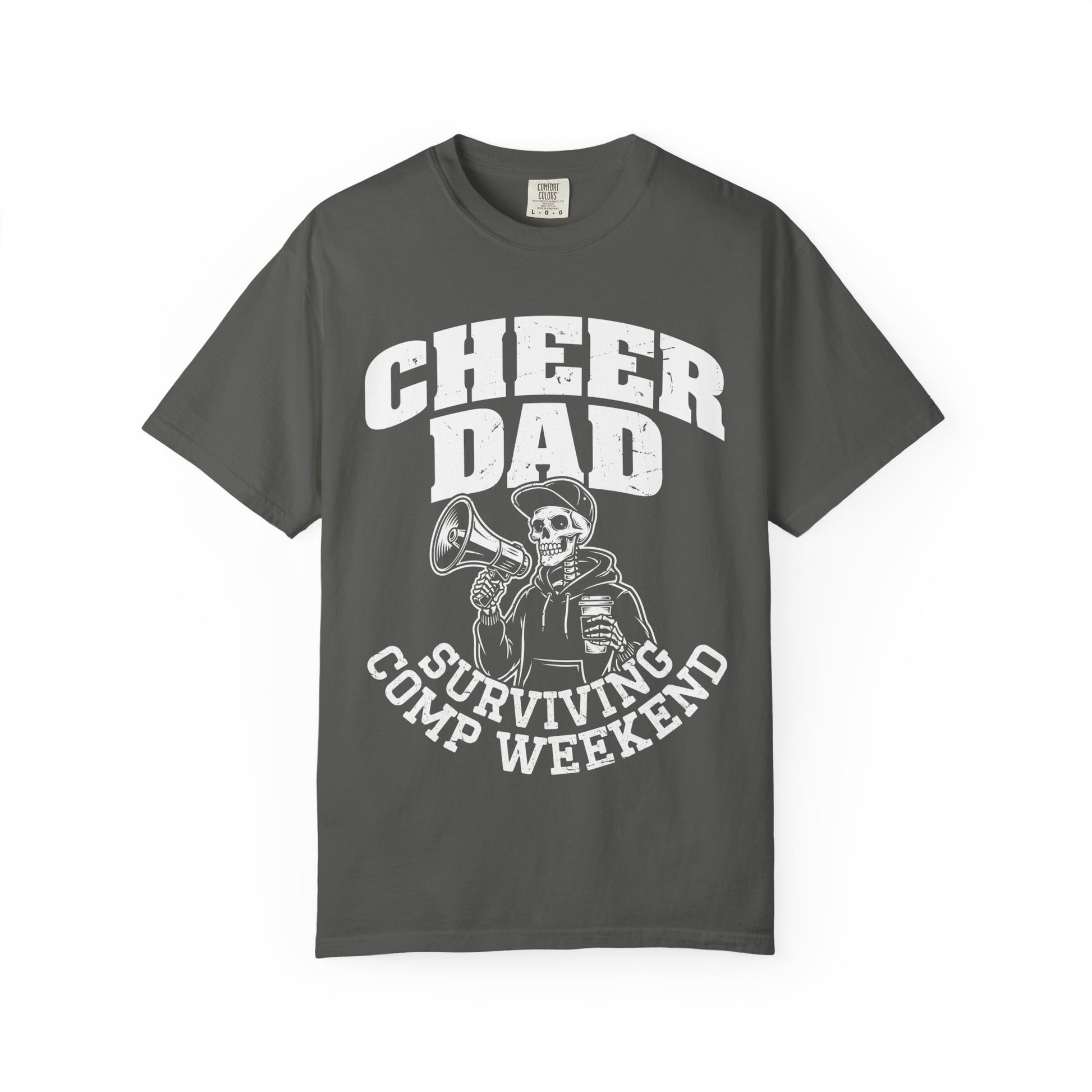 Cheer Dad Surviving Camp Weekend Shirt featuring skeleton holding a megaphone and coffee, funny cheer dad graphic tee, cheer competition dad gift, Comfort Colors pepper t-shirt