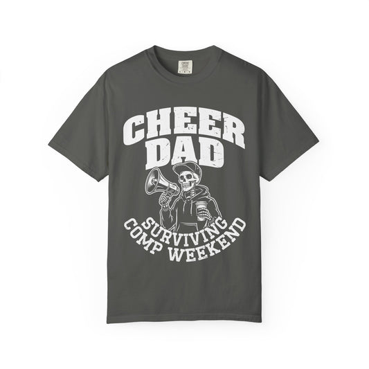 Cheer Dad Surviving Camp Weekend Shirt featuring skeleton holding a megaphone and coffee, funny cheer dad graphic tee, cheer competition dad gift, Comfort Colors pepper t-shirt