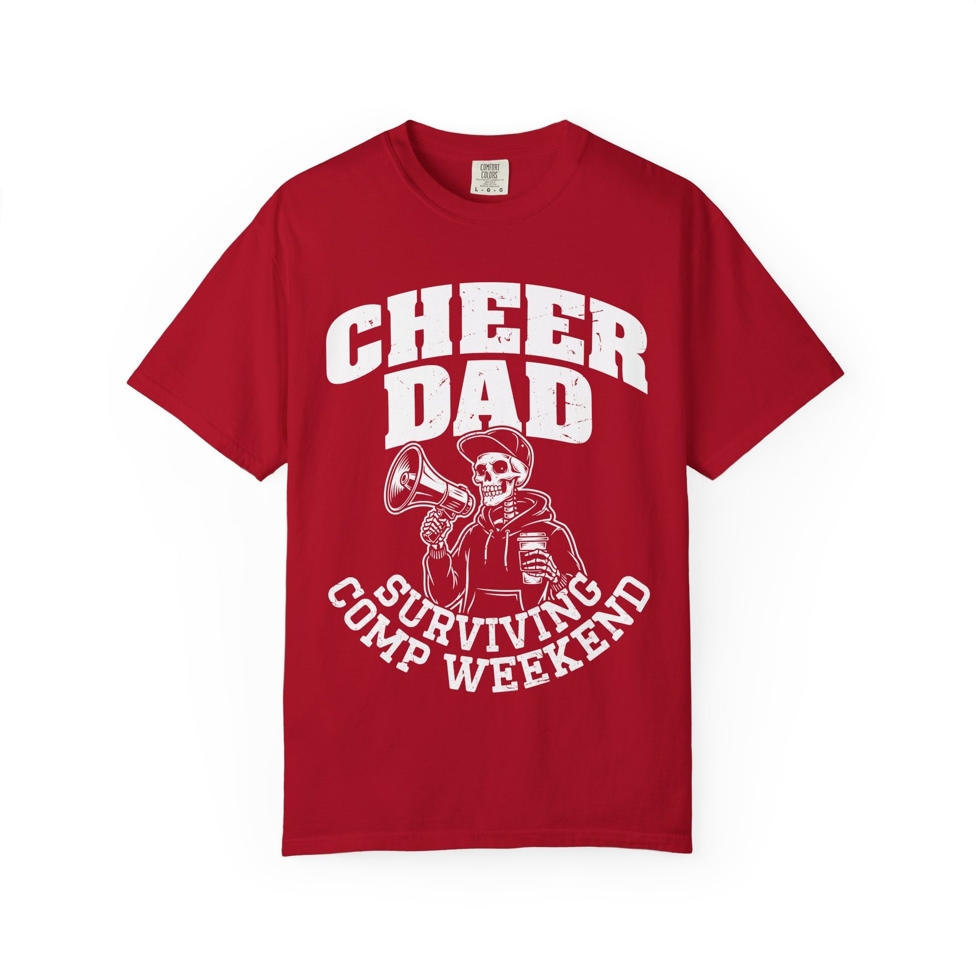 Cheer Dad Surviving Camp Weekend Shirt featuring skeleton holding a megaphone and coffee, funny cheer dad graphic tee, cheer competition dad gift, Comfort Colors pepper t-shirt