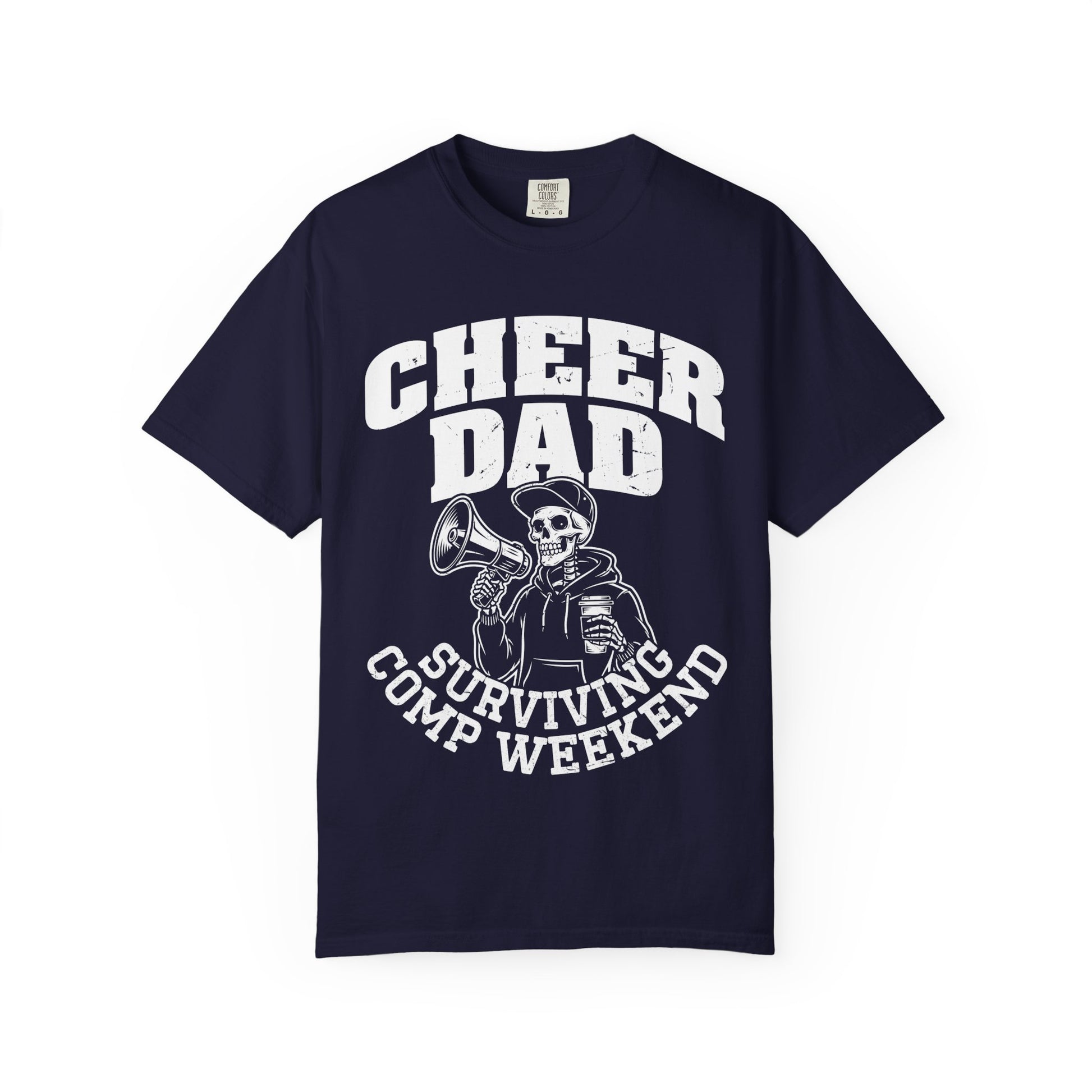 Cheer Dad Surviving Camp Weekend Shirt featuring skeleton holding a megaphone and coffee, funny cheer dad graphic tee, cheer competition dad gift, Comfort Colors pepper t-shirt