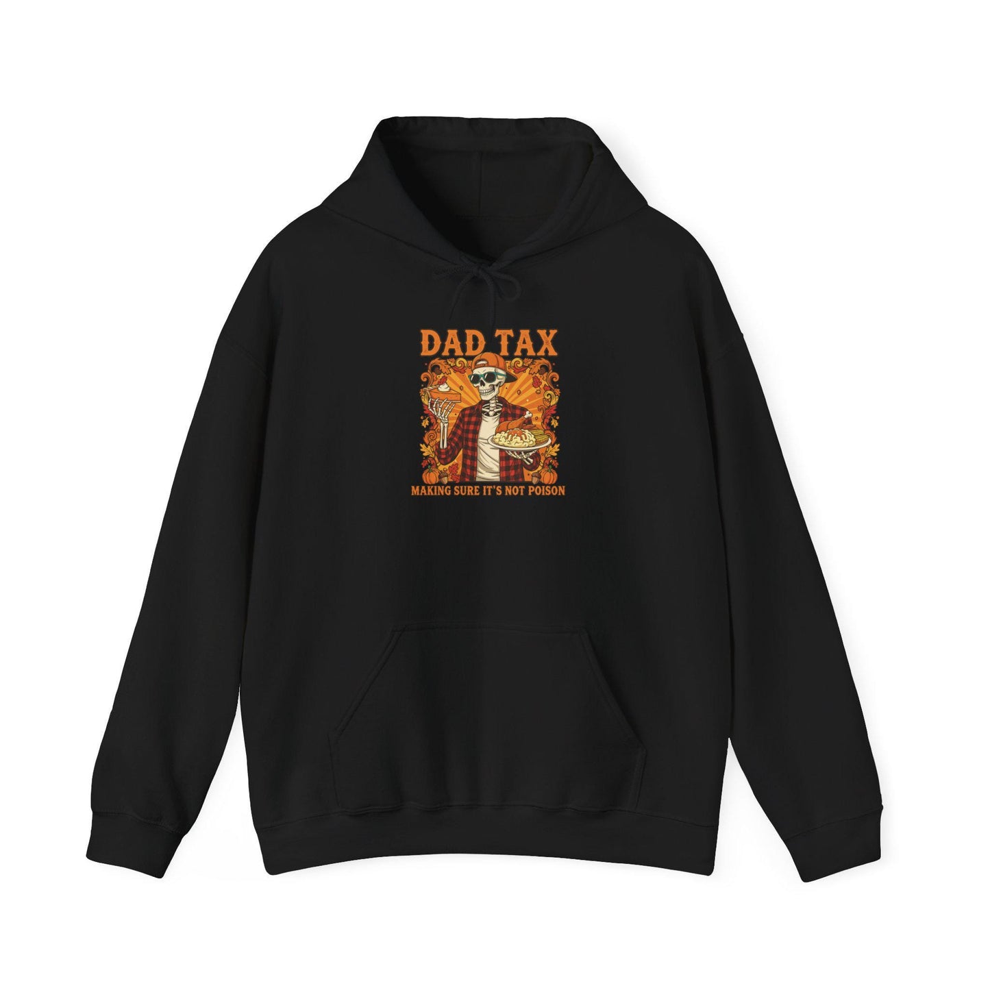 Black hoodie with a graphic design and text on a white background