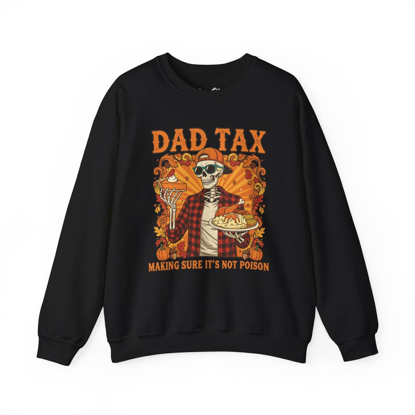 Black sweatshirt with a graphic design featuring a skeleton and text on a white background
