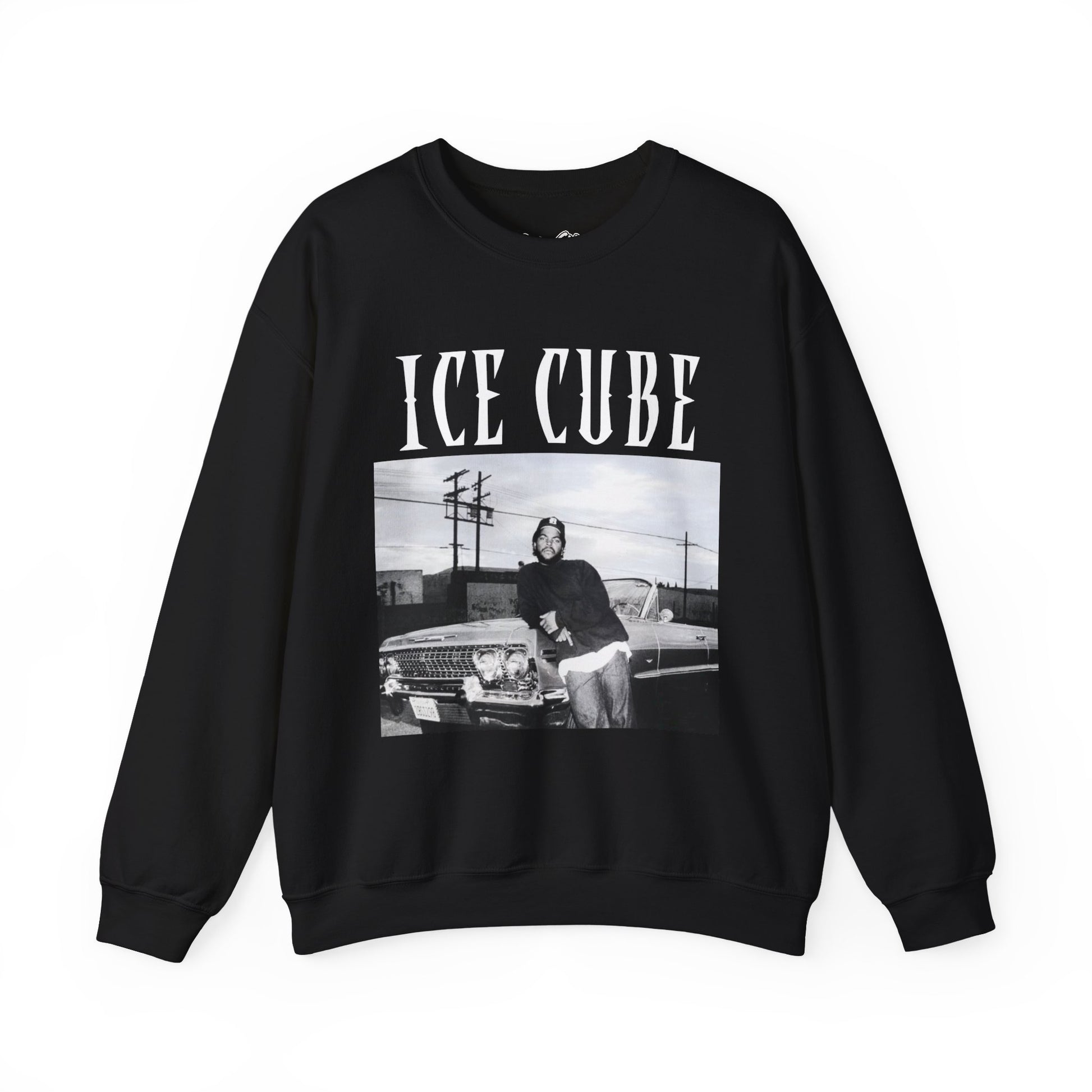 Black sweatshirt with 'ICE CUBE' graphic on a white background