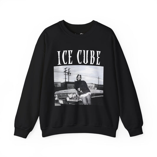 Black sweatshirt with 'ICE CUBE' graphic on a white background