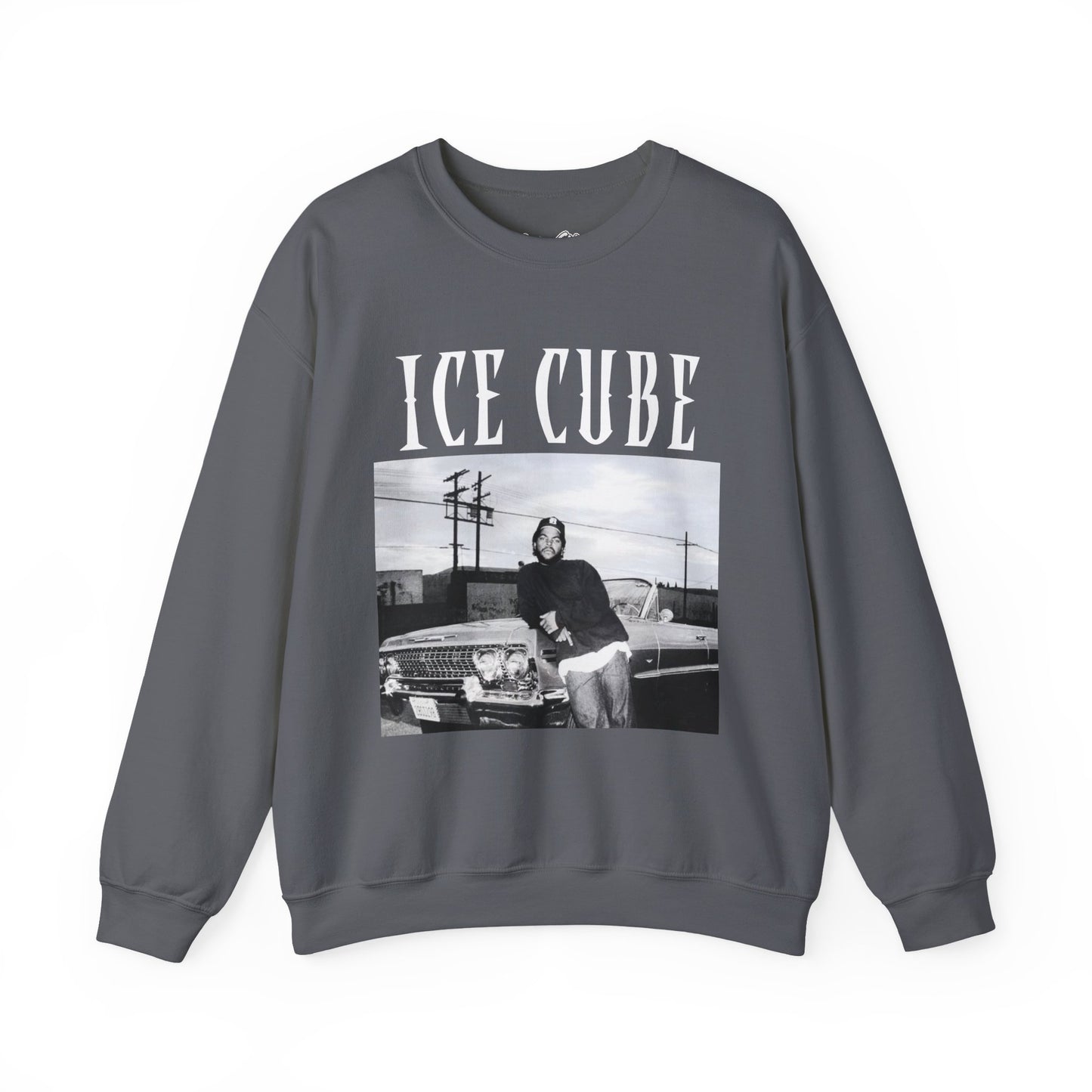 Gray sweatshirt with 'ICE CUBE' graphic on a white background