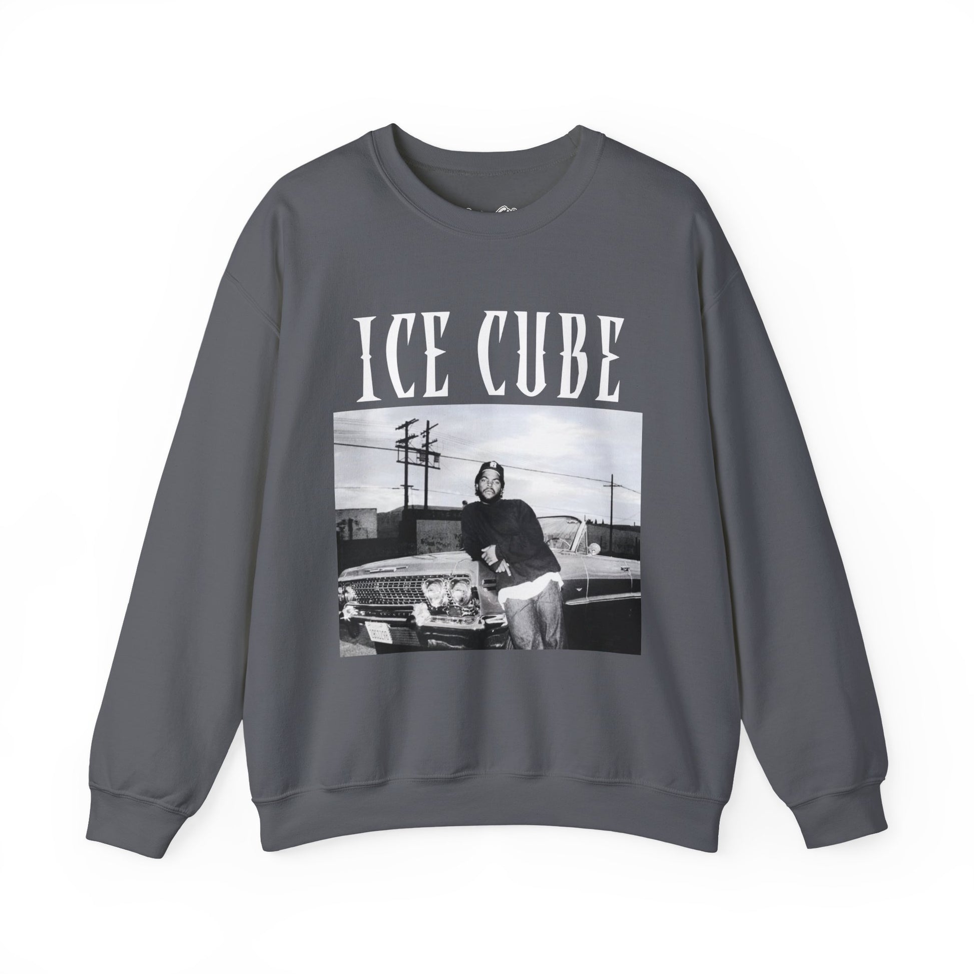 Gray sweatshirt with 'ICE CUBE' graphic on a white background