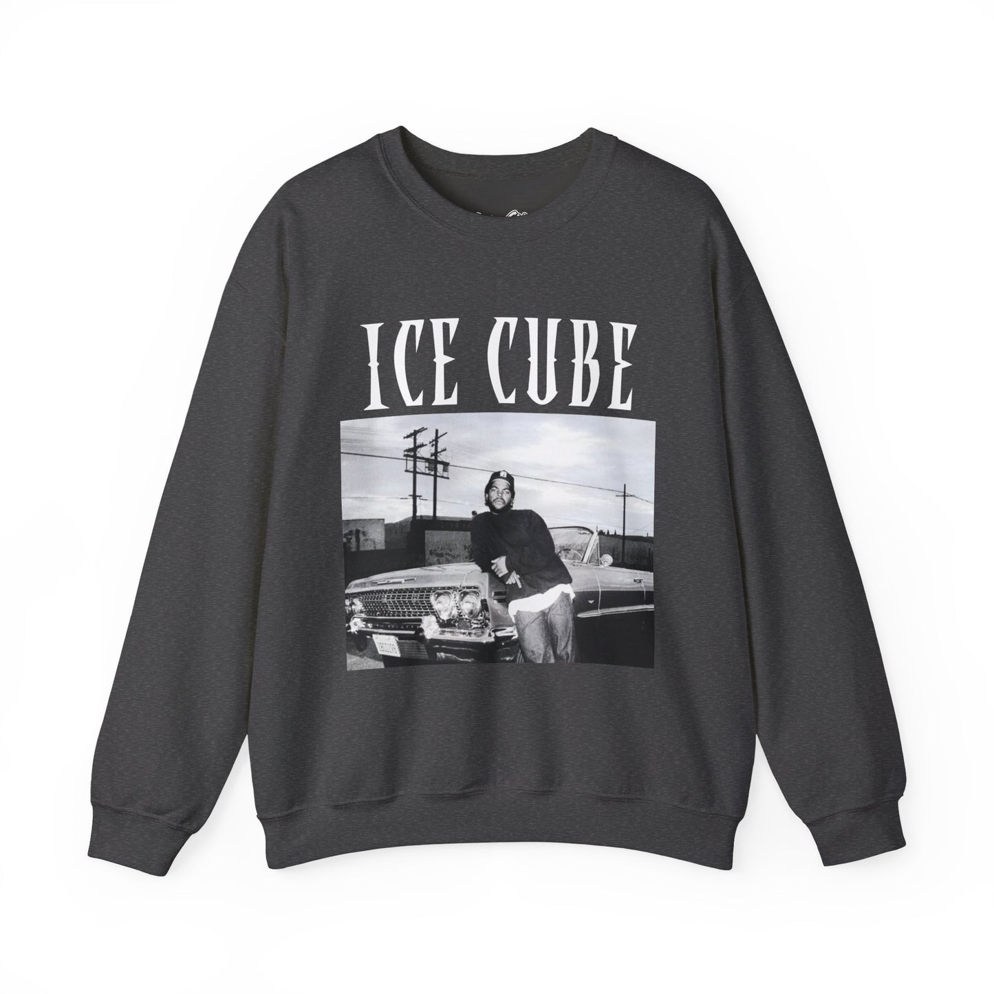 Black sweatshirt with 'ICE CUBE' graphic on a white background