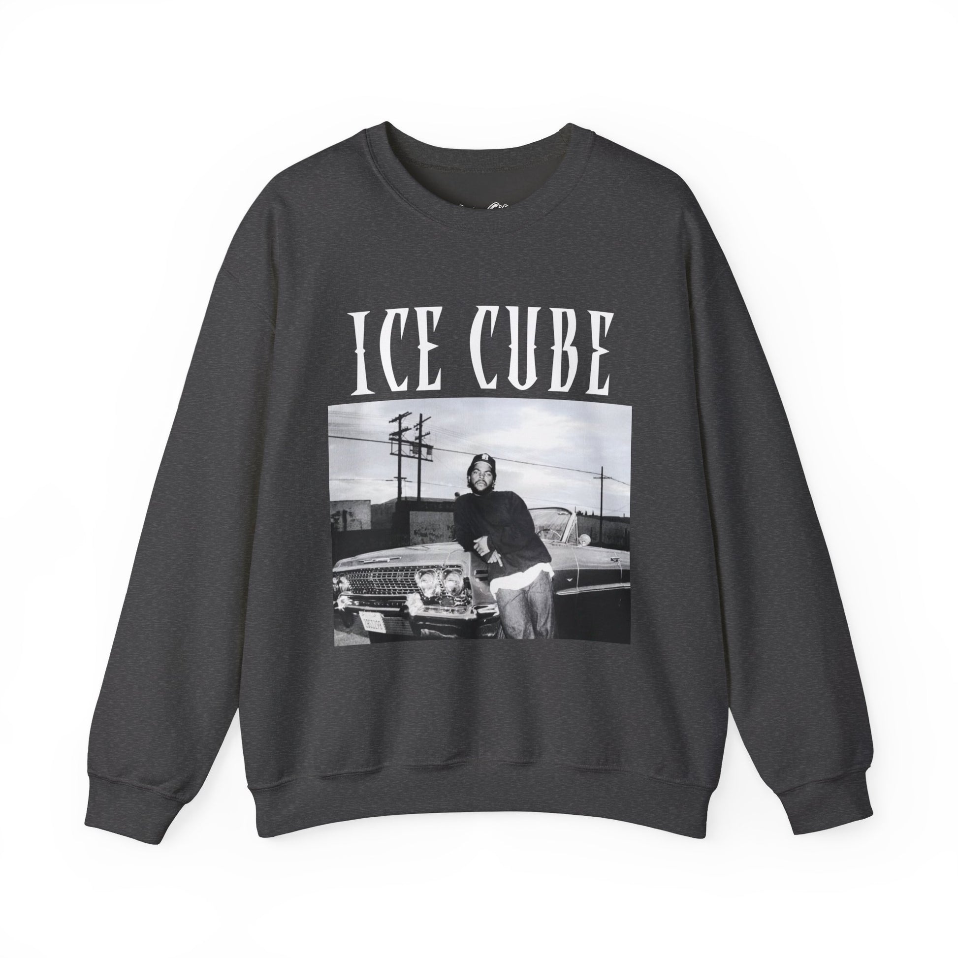 Black sweatshirt with 'ICE CUBE' graphic on a white background