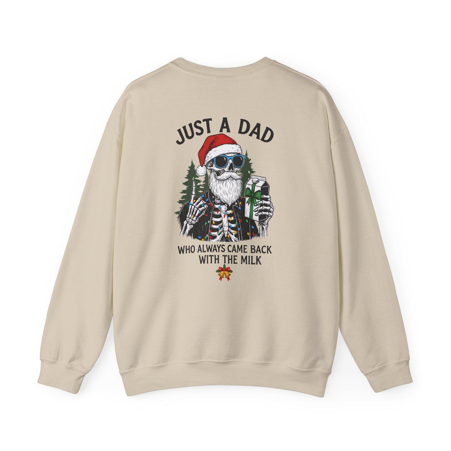 Beige sweatshirt with a graphic of a skeleton wearing a Santa hat and sunglasses, with text on the back.