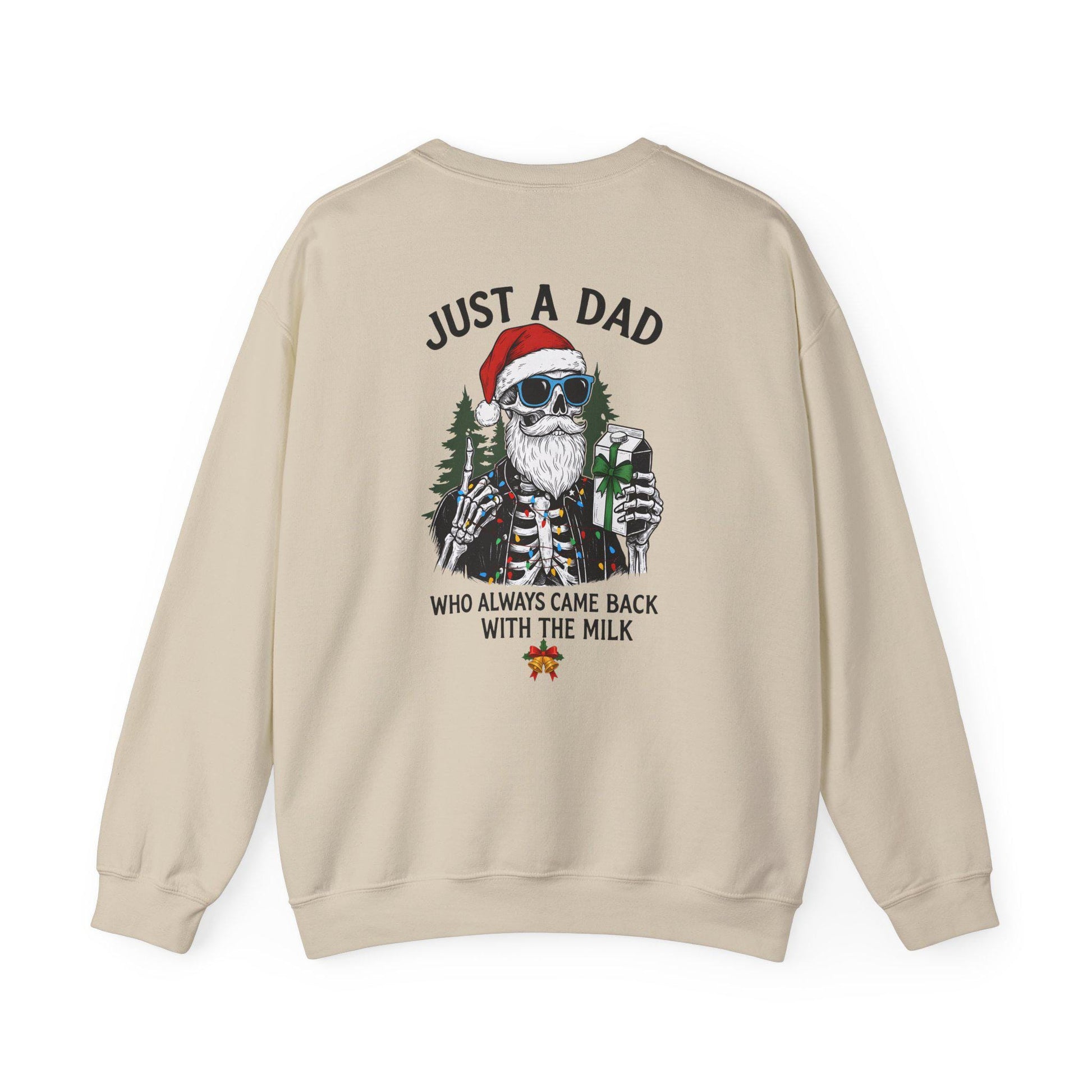 Beige sweatshirt with a graphic of a skeleton wearing a Santa hat and sunglasses, with text on the back.