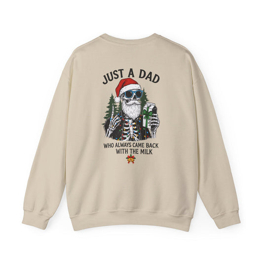 Beige sweatshirt with a graphic of a skeleton wearing a Santa hat and sunglasses, with text on the back.