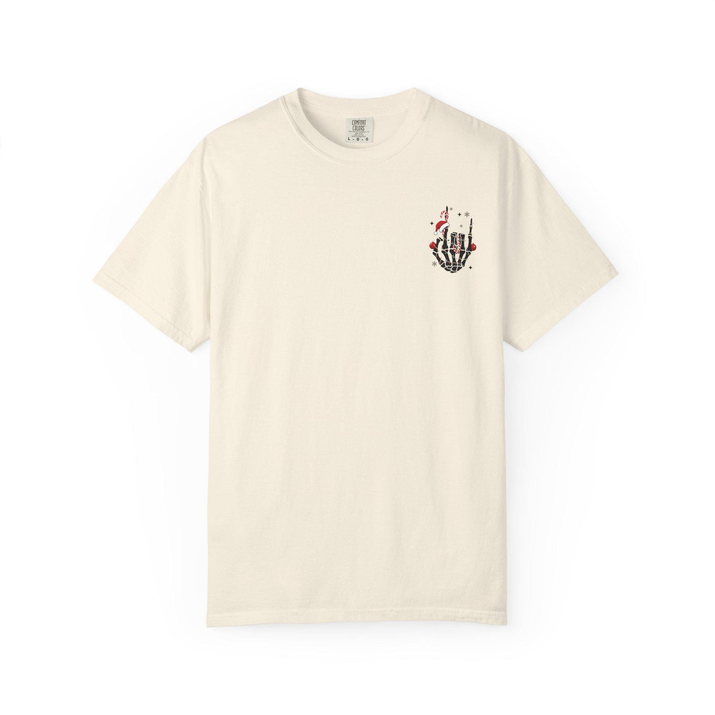 Beige t-shirt with a small graphic on the chest against a white background