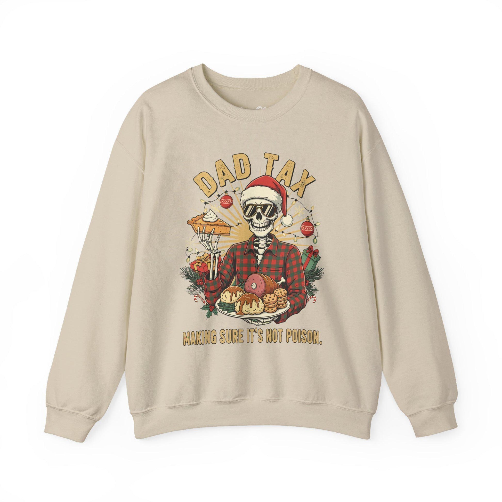 Beige sweatshirt with a graphic design featuring a skeleton in a Santa hat and plaid shirt, surrounded by food items and text on a white background.