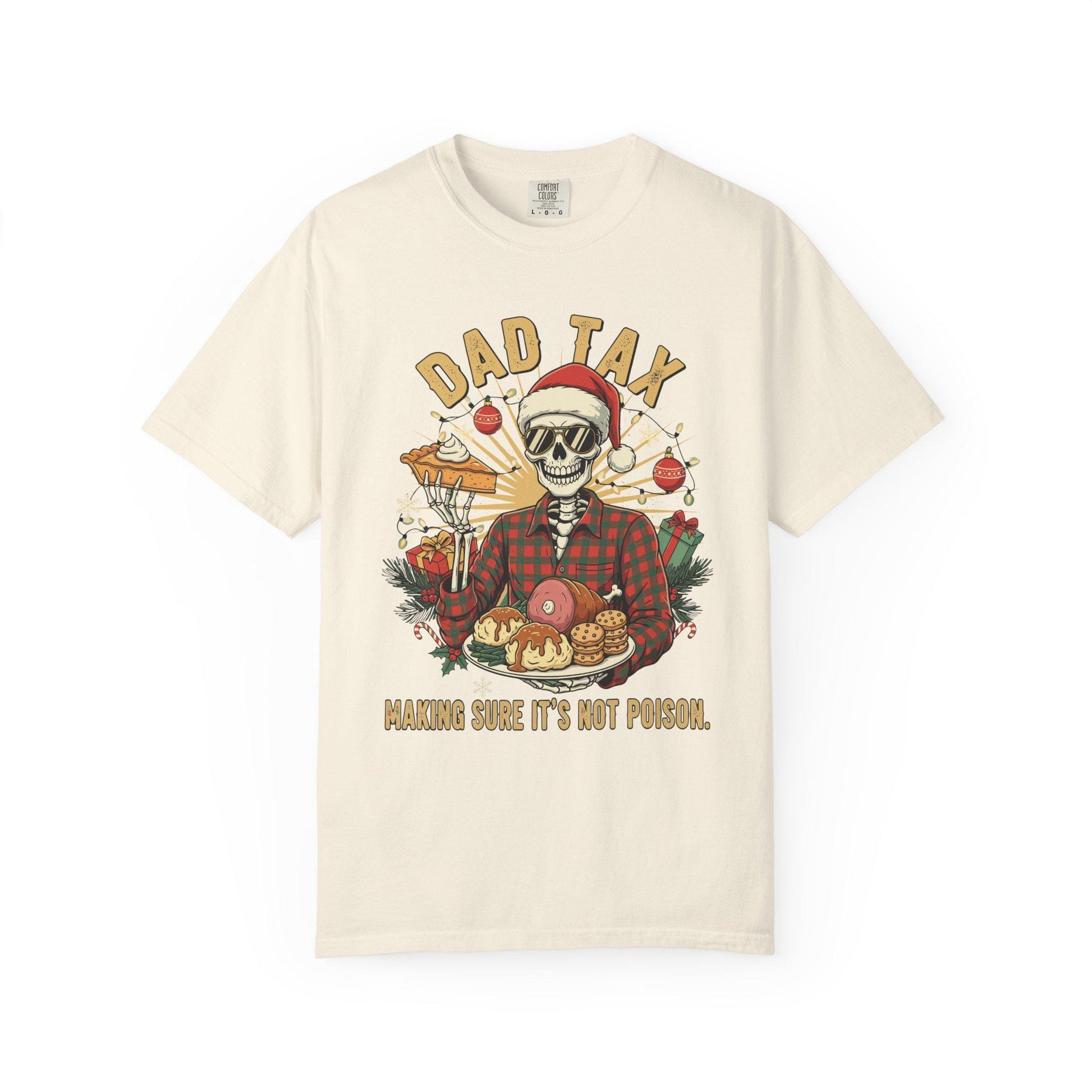 Beige t-shirt with a graphic design featuring a skeleton in a Santa hat and plaid shirt, surrounded by Christmas-themed items.