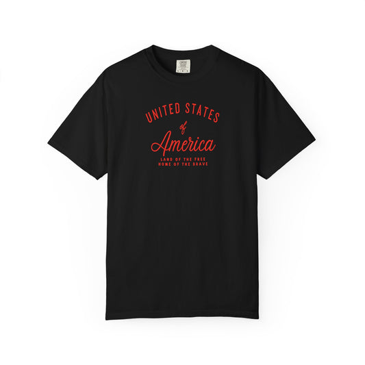 Black patriotic USA t-shirt featuring “United States of America” red graphic text with Land of the Free Home of the Brave design for 4th of July and Independence Day wear