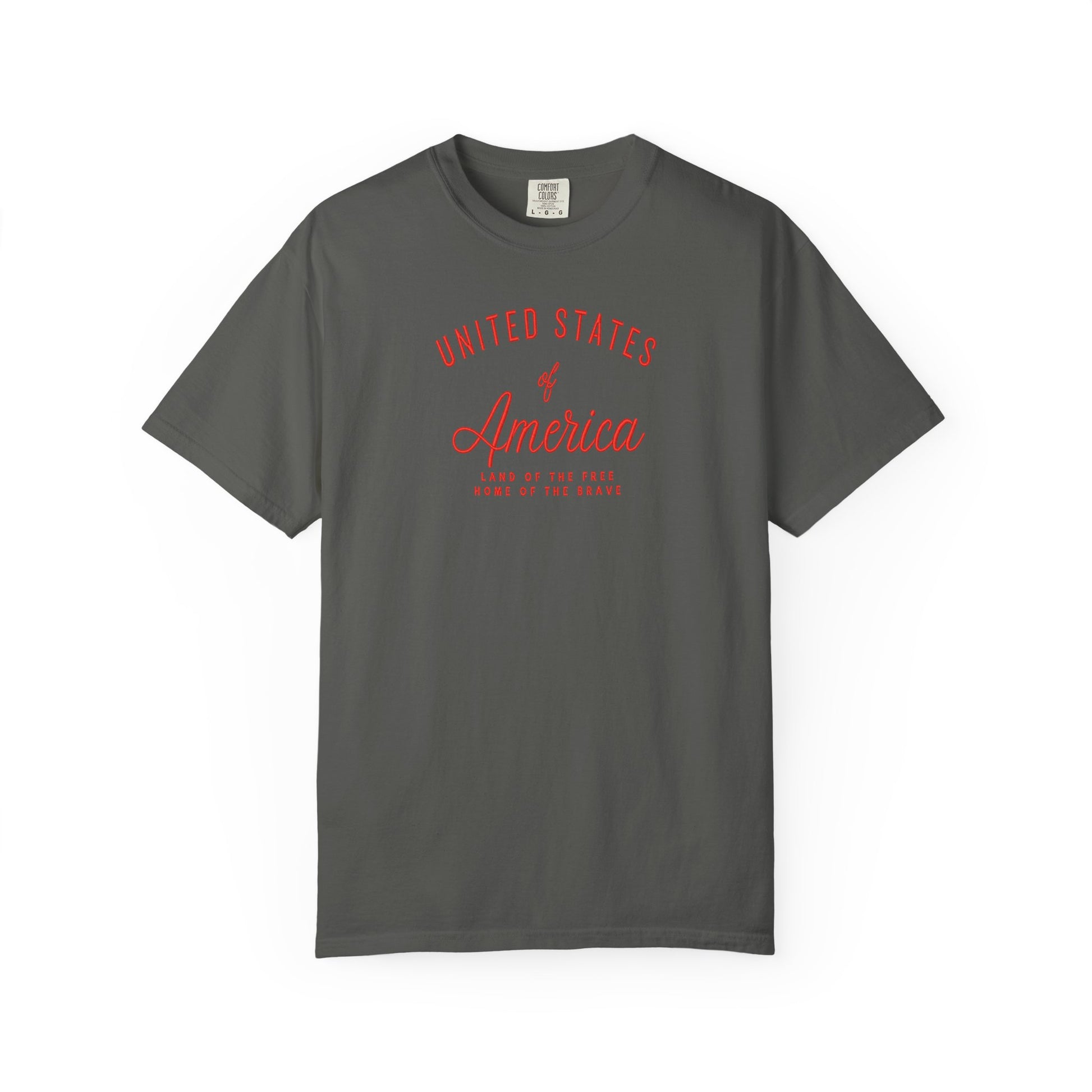 Pepper patriotic USA t-shirt featuring “United States of America” red graphic text with Land of the Free Home of the Brave design for 4th of July and Independence Day wear