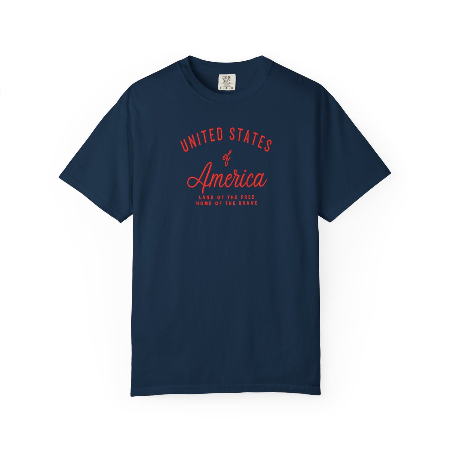 True Navy patriotic USA t-shirt featuring “United States of America” red graphic text with Land of the Free Home of the Brave design for 4th of July and Independence Day wear