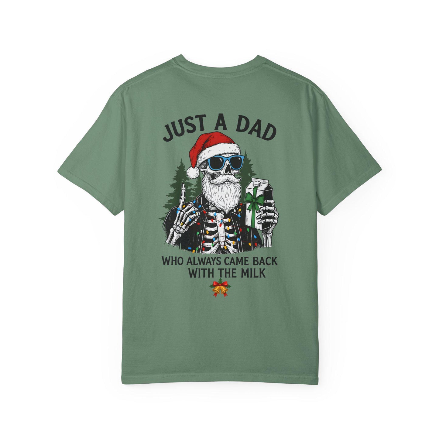 Green t-shirt with a skeleton wearing a Santa hat and sunglasses, holding a gift, on a white background.