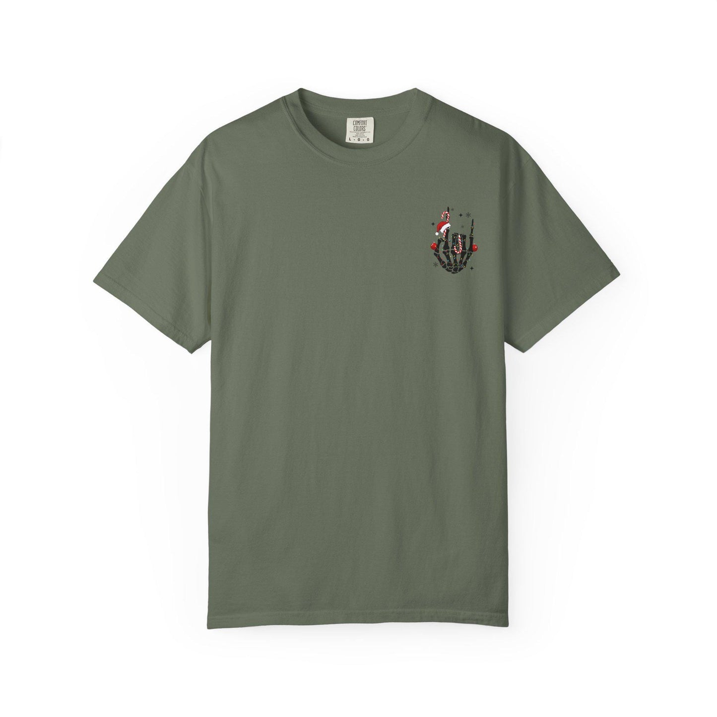 Green t-shirt with a small graphic on the chest against a white background