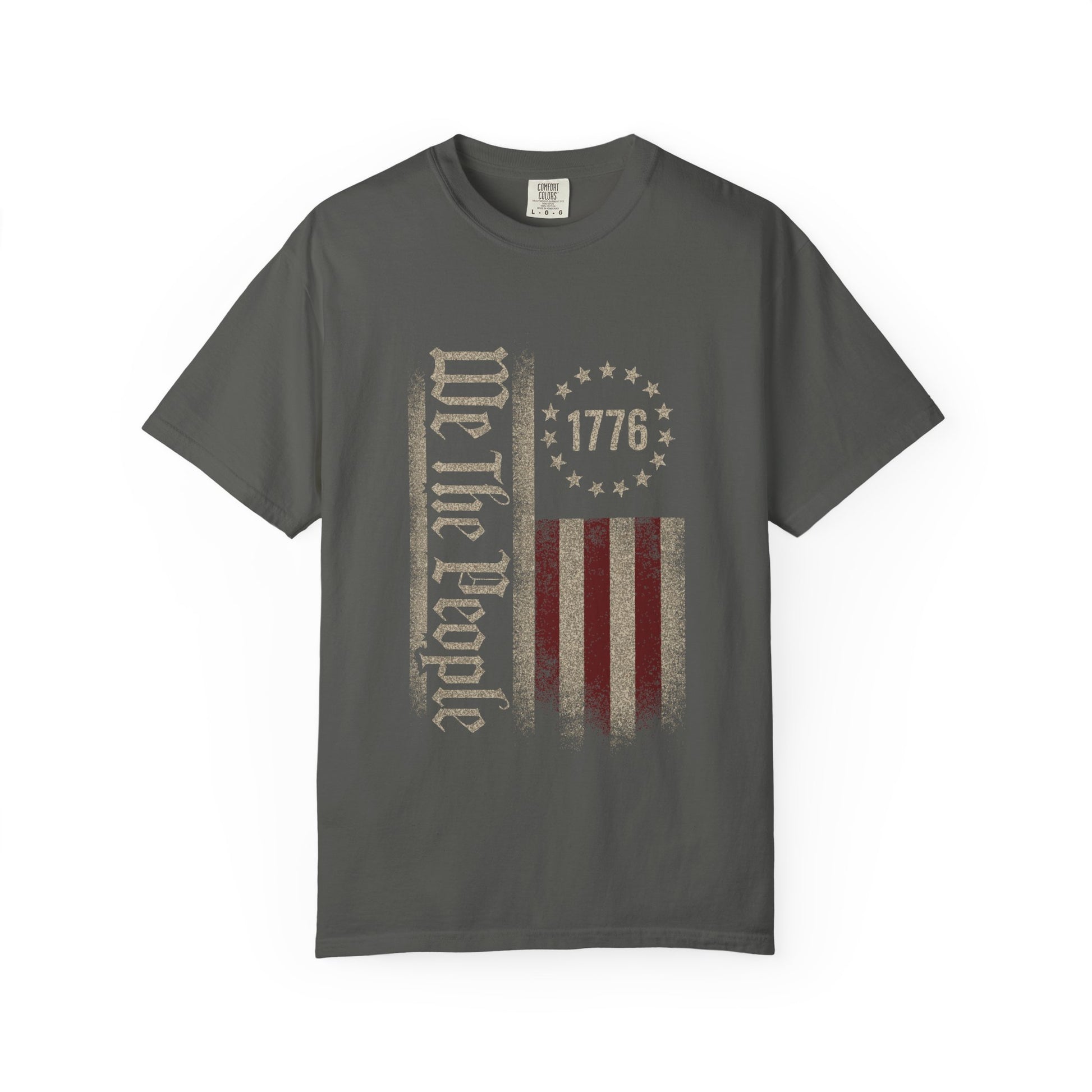 Peeper We The People 1776 patriotic t-shirt featuring a distressed Betsy Ross American flag design on a black tee, vintage USA apparel for Independence Day, constitutional pride, and patriotic celebrations.