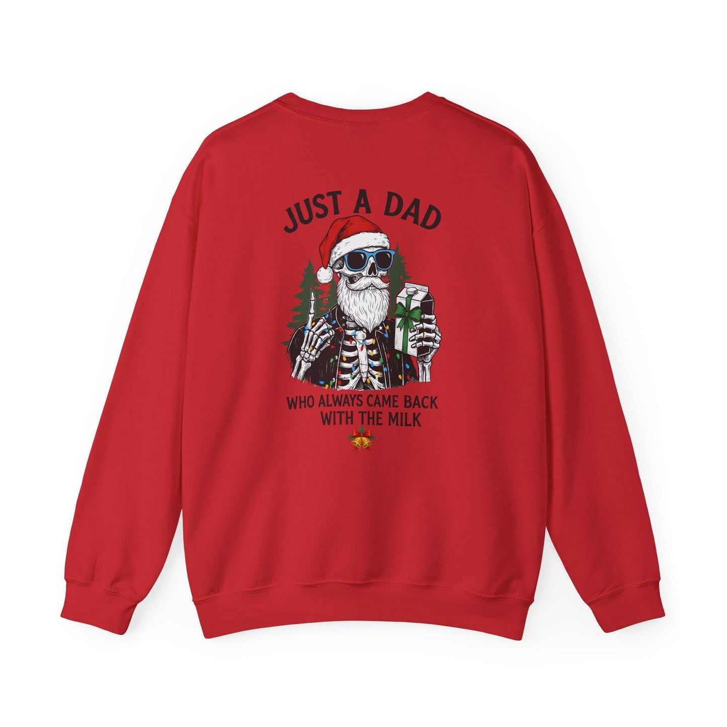 Red sweatshirt with a graphic of a skeleton in a Santa hat and text on the back, on a white background.