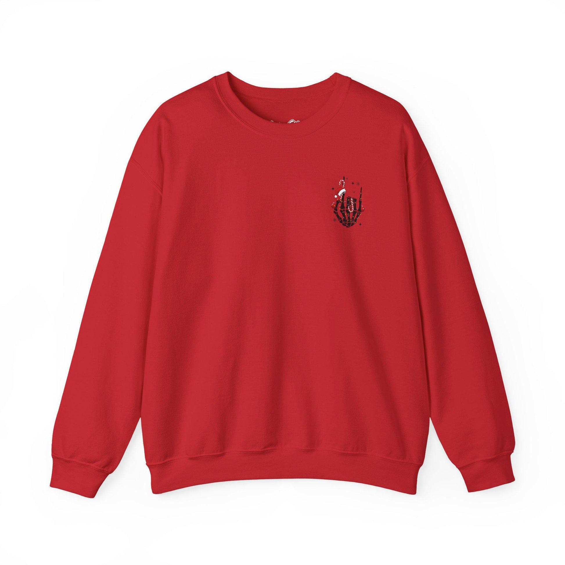 Red sweatshirt with a small graphic on the chest against a white background