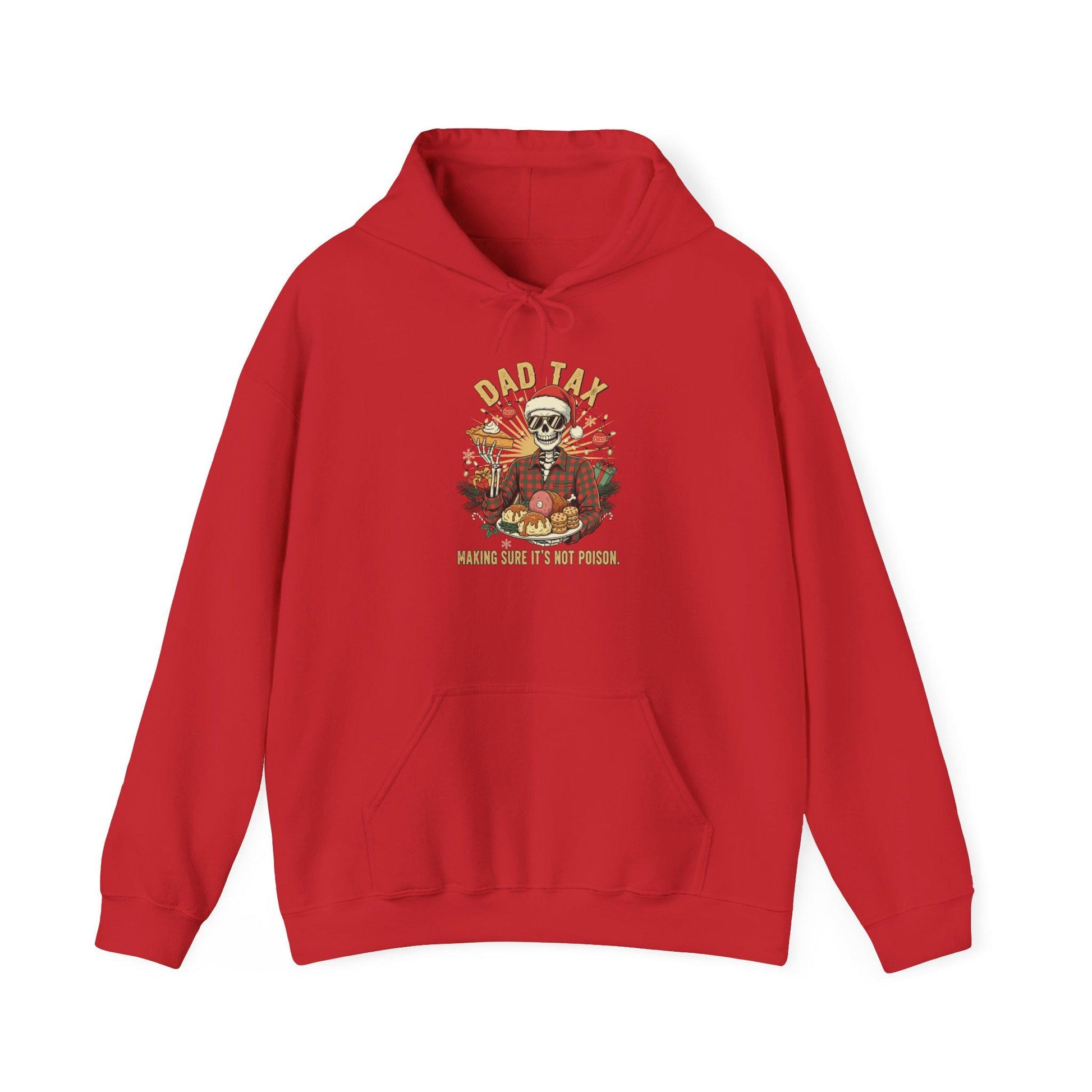 Red hoodie with a graphic design on a white background