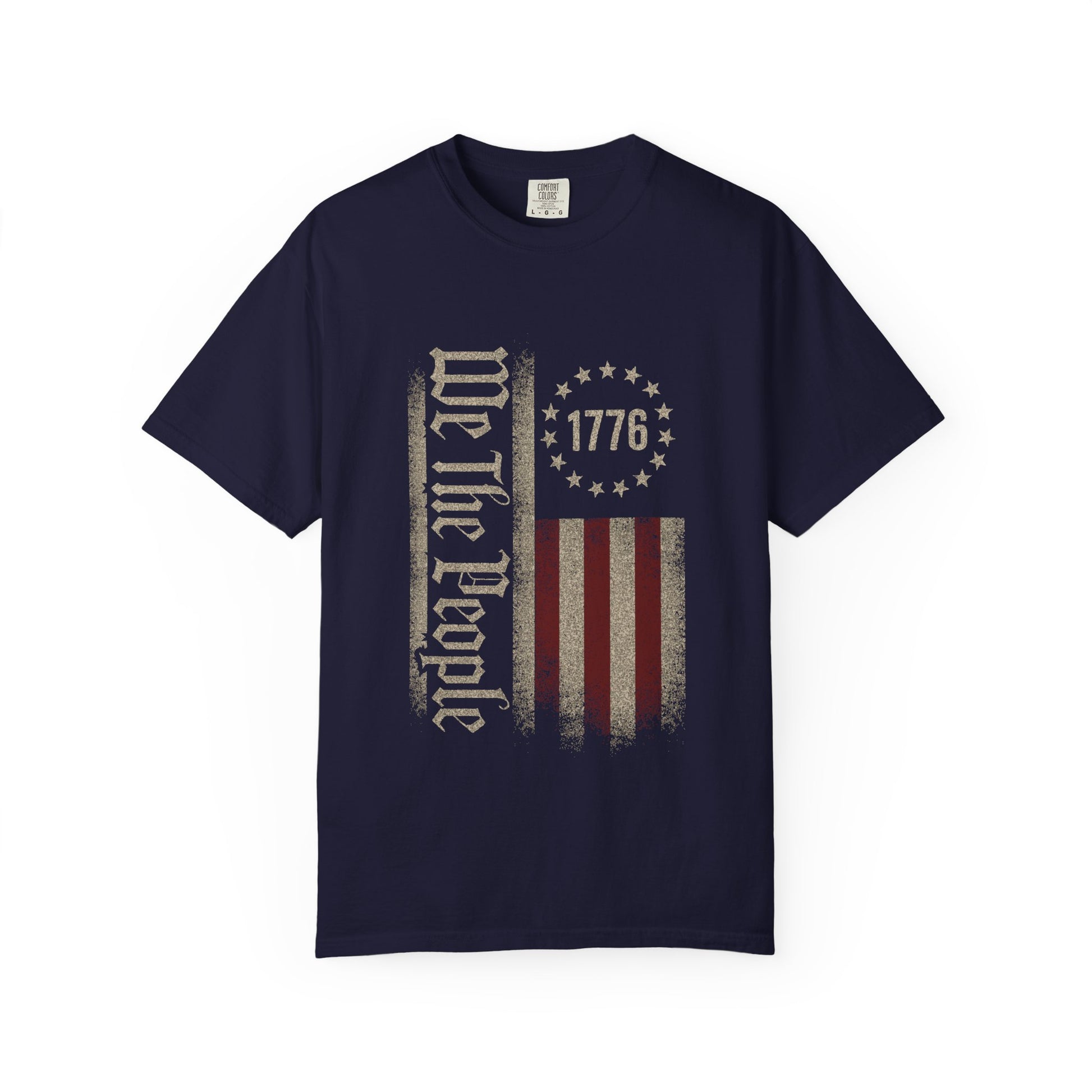 True Navy We The People 1776 patriotic t-shirt featuring a distressed Betsy Ross American flag design on a black tee, vintage USA apparel for Independence Day, constitutional pride, and patriotic celebrations.